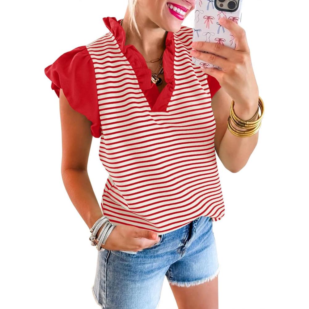 imageTankaneo Womens Ruffle Cap Sleeve Tank Tops Summer Casual Cute Color Block Striped Tshirts Pleated V Neck ShirtsRed