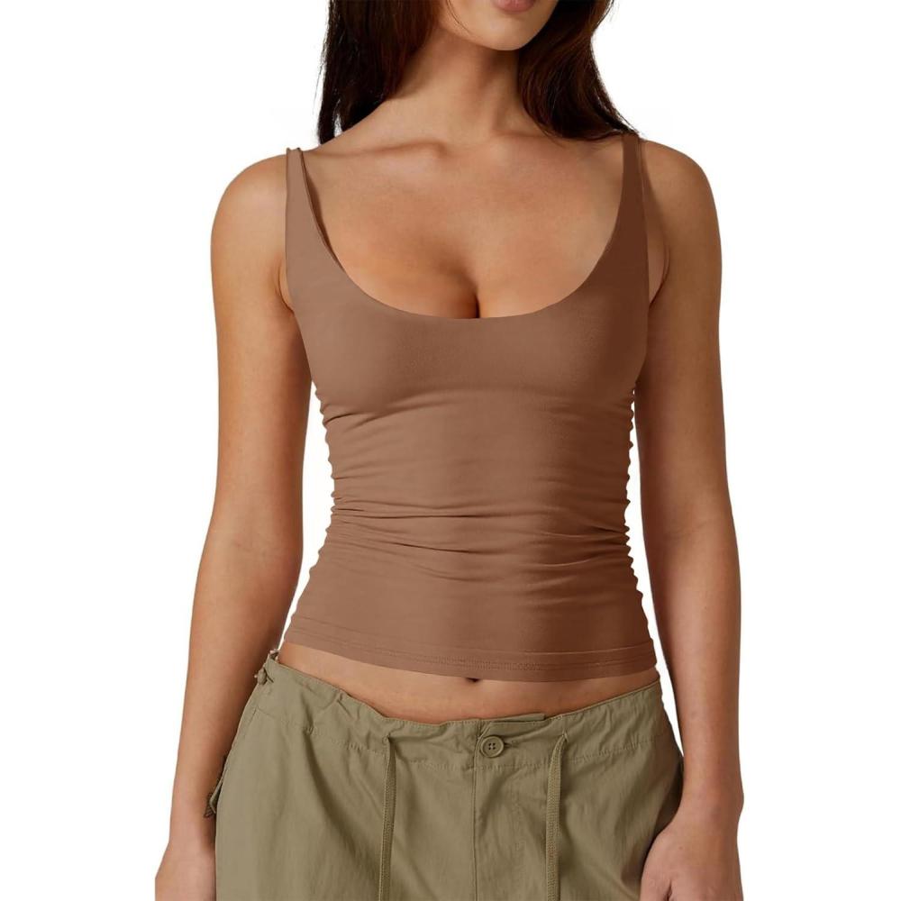 imageTankaneo Womens Sexy Deep V Neck Top Sleeveless Backless Spaghetti Strap Tank Top Casual Basic Cami TopBrown