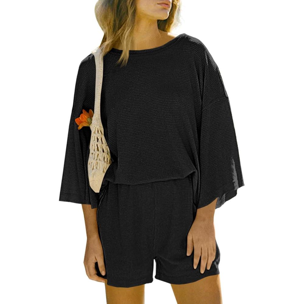 imageTankaneo Womens Short Sets 2 Piece Outfits 34 Sleeve Tops and Elastic Waist Shorts Lounge Set Casual LoungewearBlack