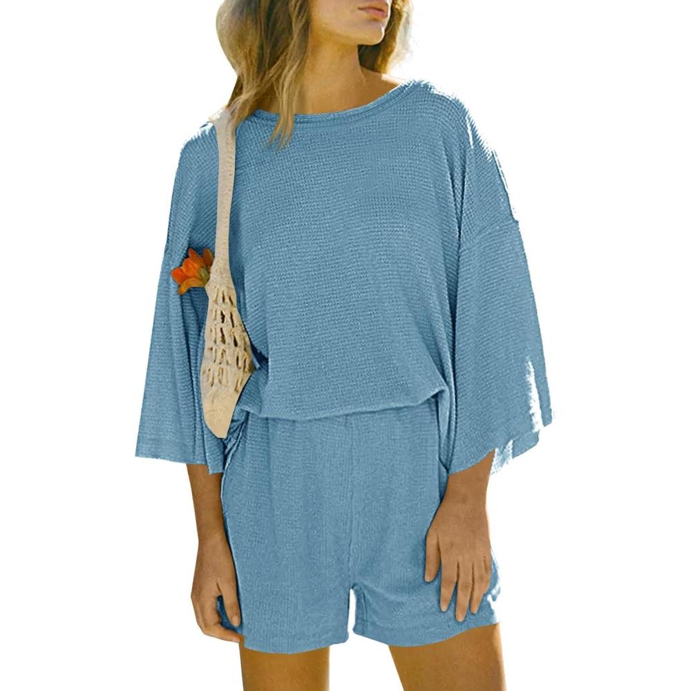 imageTankaneo Womens Short Sets 2 Piece Outfits 34 Sleeve Tops and Elastic Waist Shorts Lounge Set Casual LoungewearBlue
