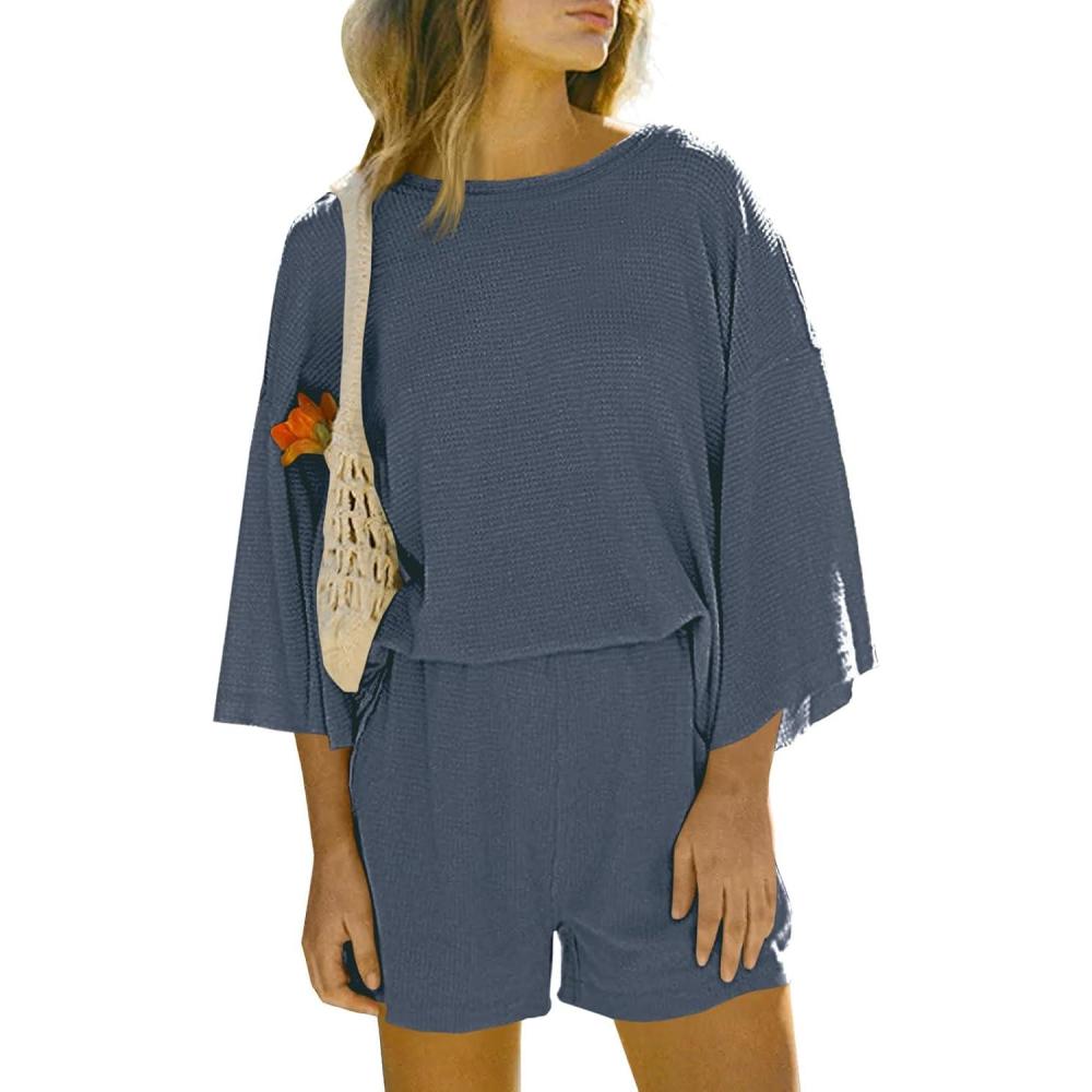 imageTankaneo Womens Short Sets 2 Piece Outfits 34 Sleeve Tops and Elastic Waist Shorts Lounge Set Casual LoungewearDark Blue