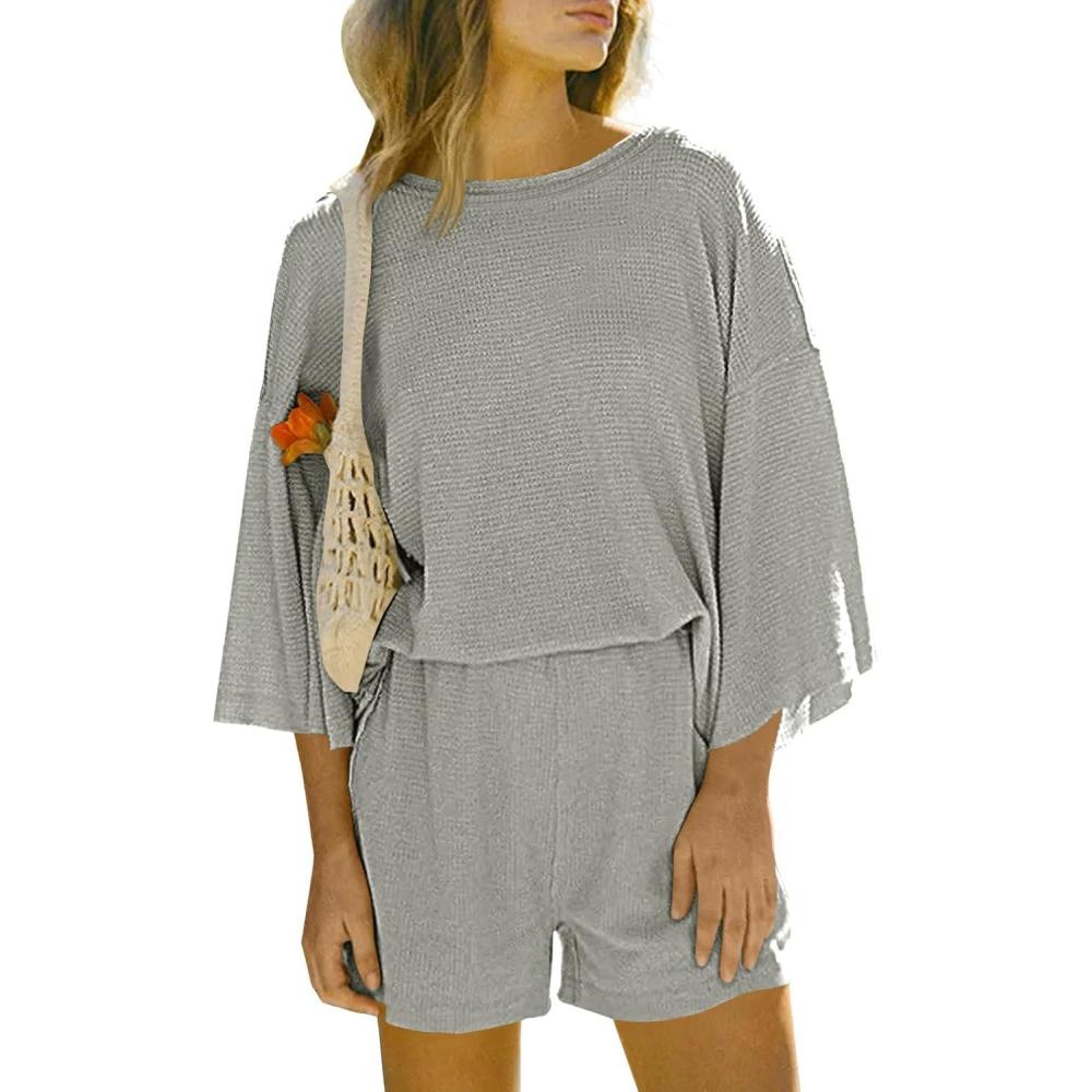 imageTankaneo Womens Short Sets 2 Piece Outfits 34 Sleeve Tops and Elastic Waist Shorts Lounge Set Casual LoungewearGrey