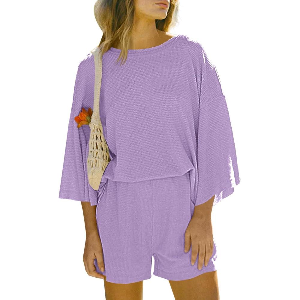imageTankaneo Womens Short Sets 2 Piece Outfits 34 Sleeve Tops and Elastic Waist Shorts Lounge Set Casual LoungewearLight Purple