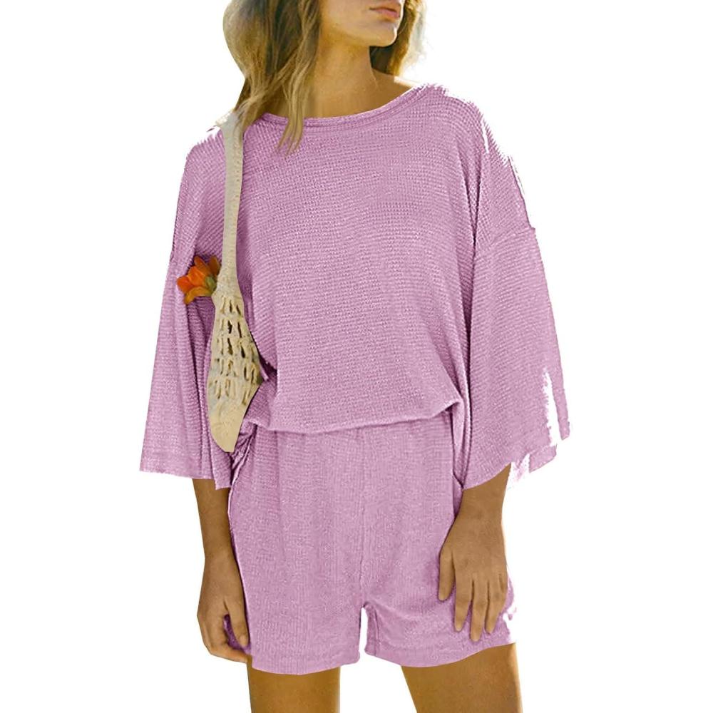 imageTankaneo Womens Short Sets 2 Piece Outfits 34 Sleeve Tops and Elastic Waist Shorts Lounge Set Casual LoungewearPink
