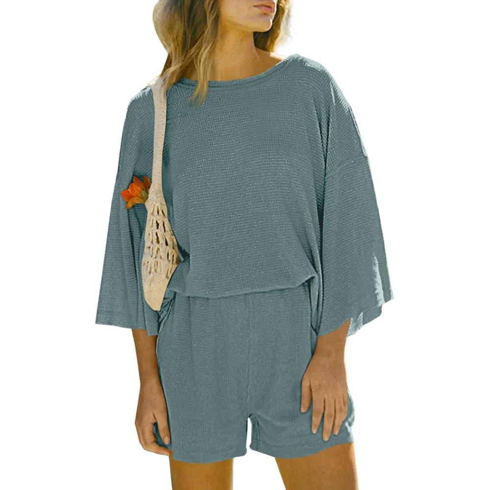 imageTankaneo Womens Short Sets 2 Piece Outfits 34 Sleeve Tops and Elastic Waist Shorts Lounge Set Casual LoungewearSea Blue