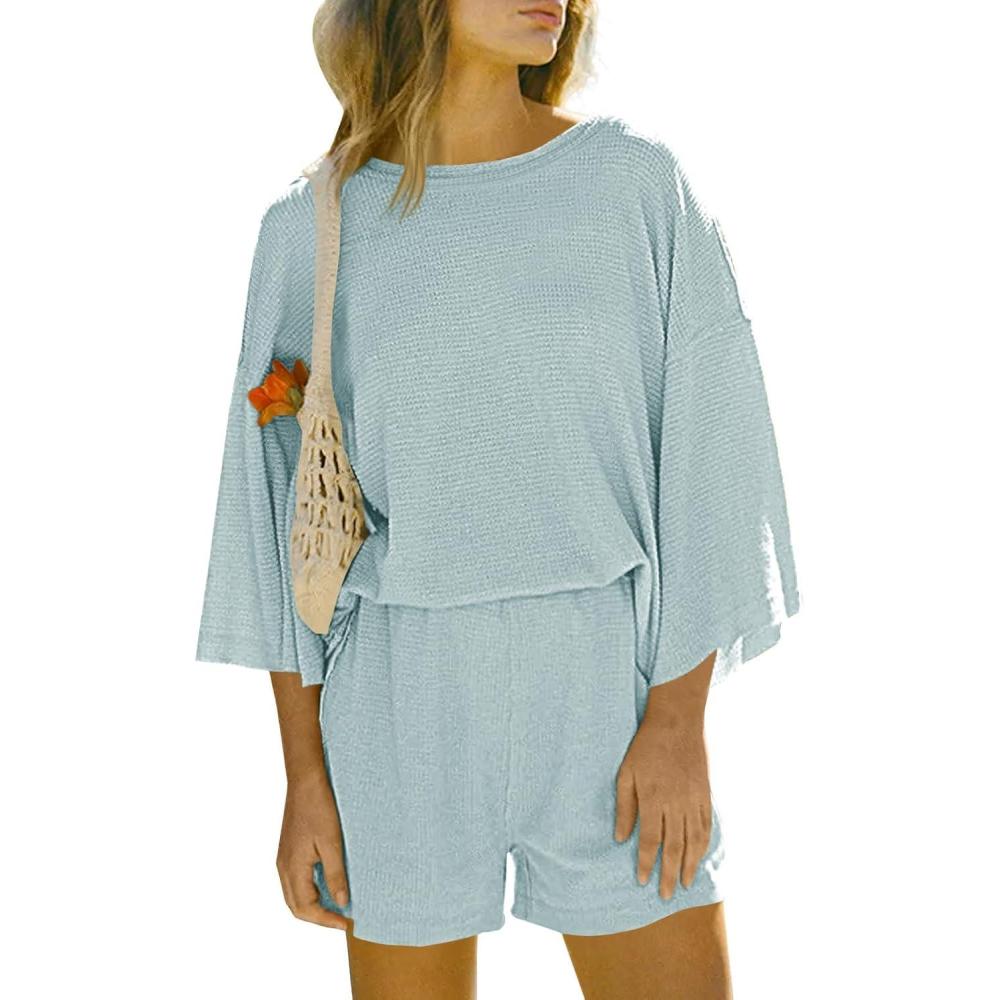 imageTankaneo Womens Short Sets 2 Piece Outfits 34 Sleeve Tops and Elastic Waist Shorts Lounge Set Casual LoungewearSky Blue