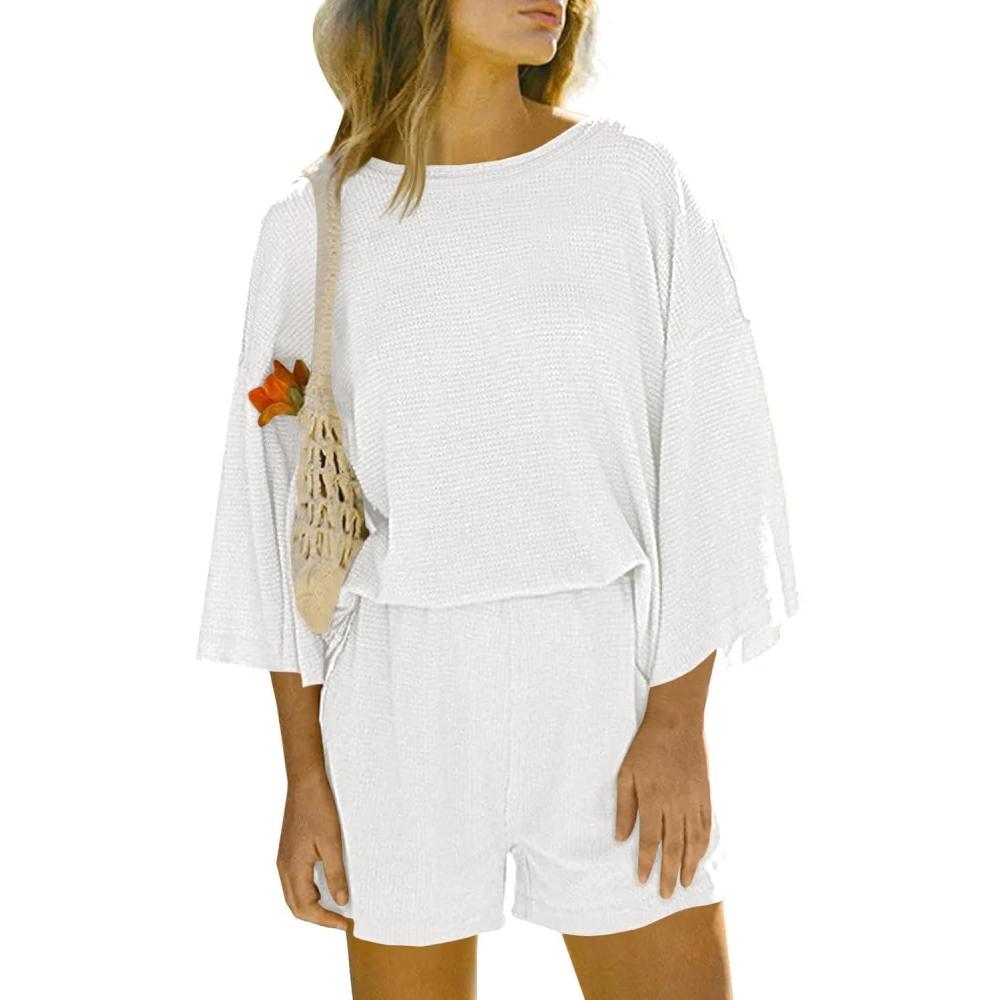 imageTankaneo Womens Short Sets 2 Piece Outfits 34 Sleeve Tops and Elastic Waist Shorts Lounge Set Casual LoungewearWhite