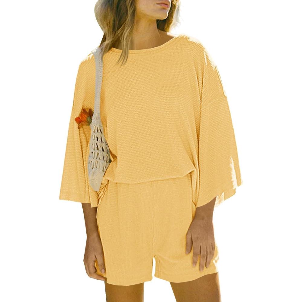 imageTankaneo Womens Short Sets 2 Piece Outfits 34 Sleeve Tops and Elastic Waist Shorts Lounge Set Casual LoungewearYellow