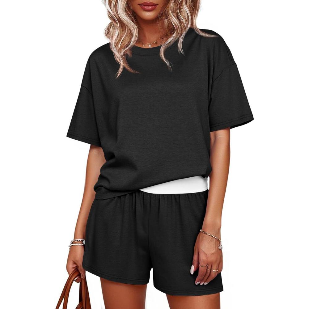imageTankaneo Womens Short Sets 2 Piece Summer Vacation Outfits Short Sleeve Tshirts Elastic Waist Shorts Matching SetBlack