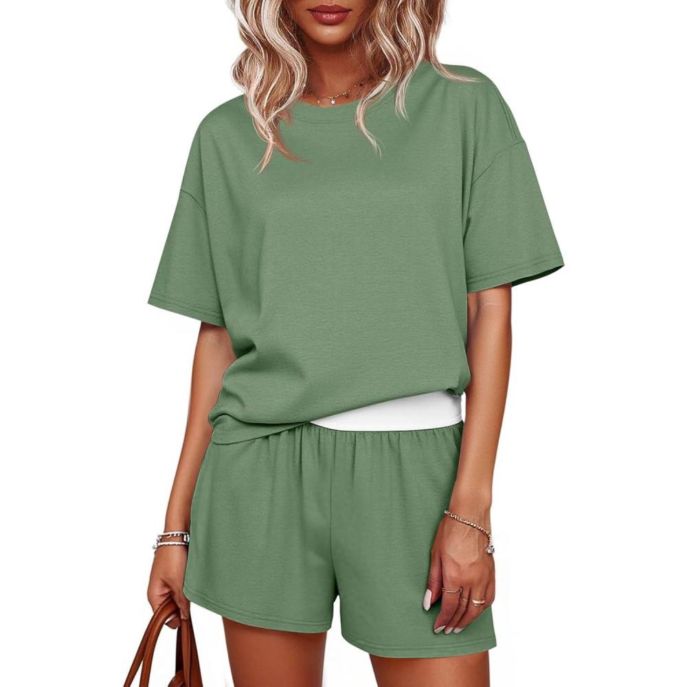 imageTankaneo Womens Short Sets 2 Piece Summer Vacation Outfits Short Sleeve Tshirts Elastic Waist Shorts Matching SetGreen