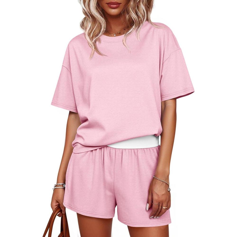 imageTankaneo Womens Short Sets 2 Piece Summer Vacation Outfits Short Sleeve Tshirts Elastic Waist Shorts Matching SetNude Pink