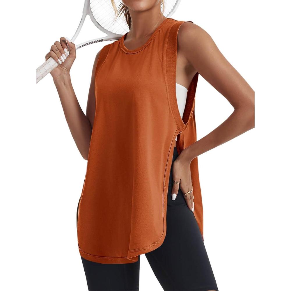 imageTankaneo Womens Side Slit Workout Tank Tops Cotton Sleeveless T Shirts Oversized Summer Casual Yoga Gym TeesRusty Red