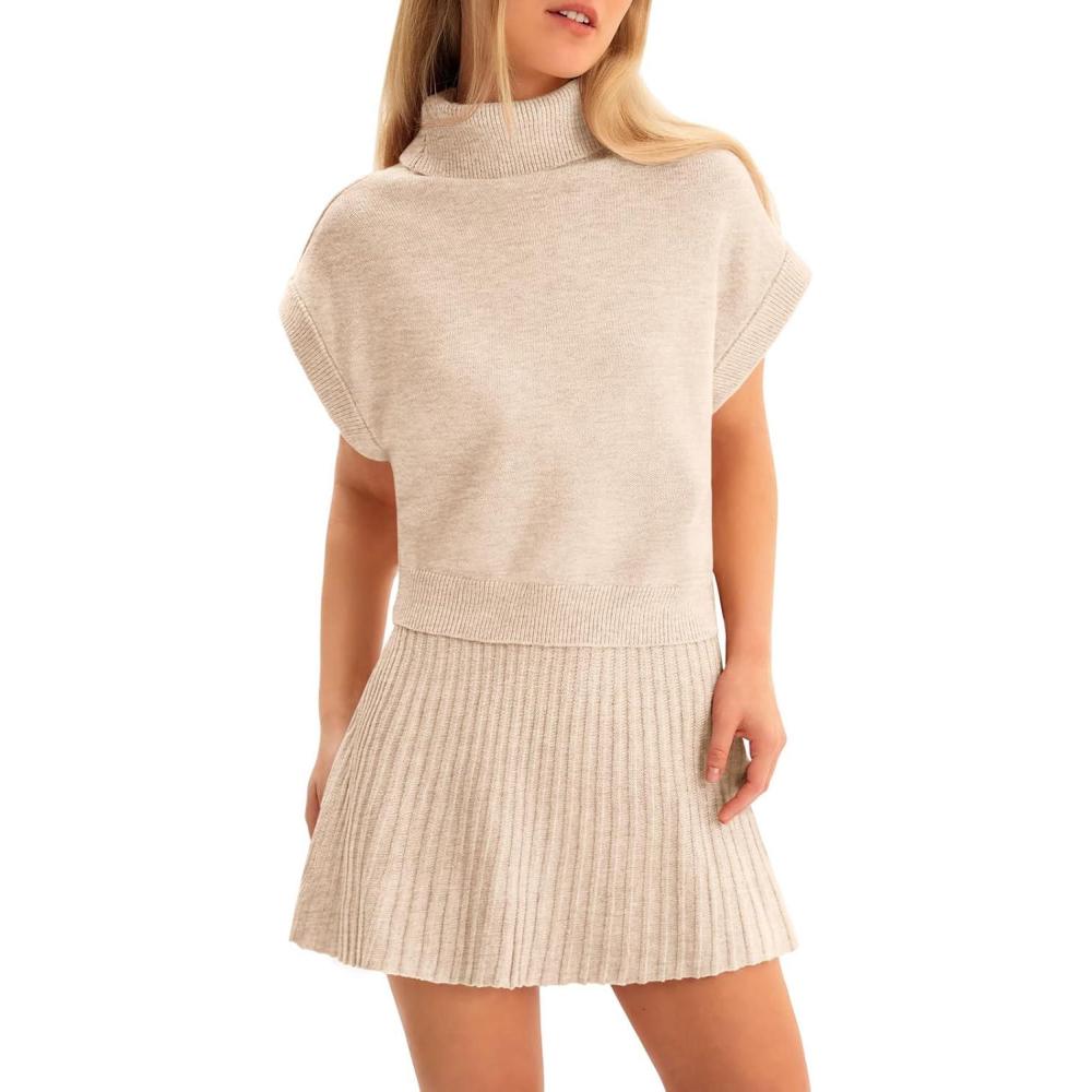 imageTankaneo Womens Skirt 2 Piece Sets Sweater Set 2025 Turtleneck Cap Sleeve Crop Top and Pleated Mini Skirt Travel OutfitsApricot