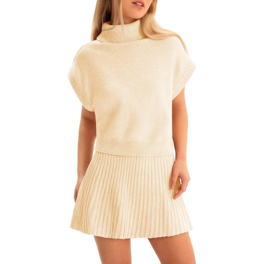 imageTankaneo Womens Skirt 2 Piece Sets Sweater Set 2025 Turtleneck Cap Sleeve Crop Top and Pleated Mini Skirt Travel OutfitsBeige