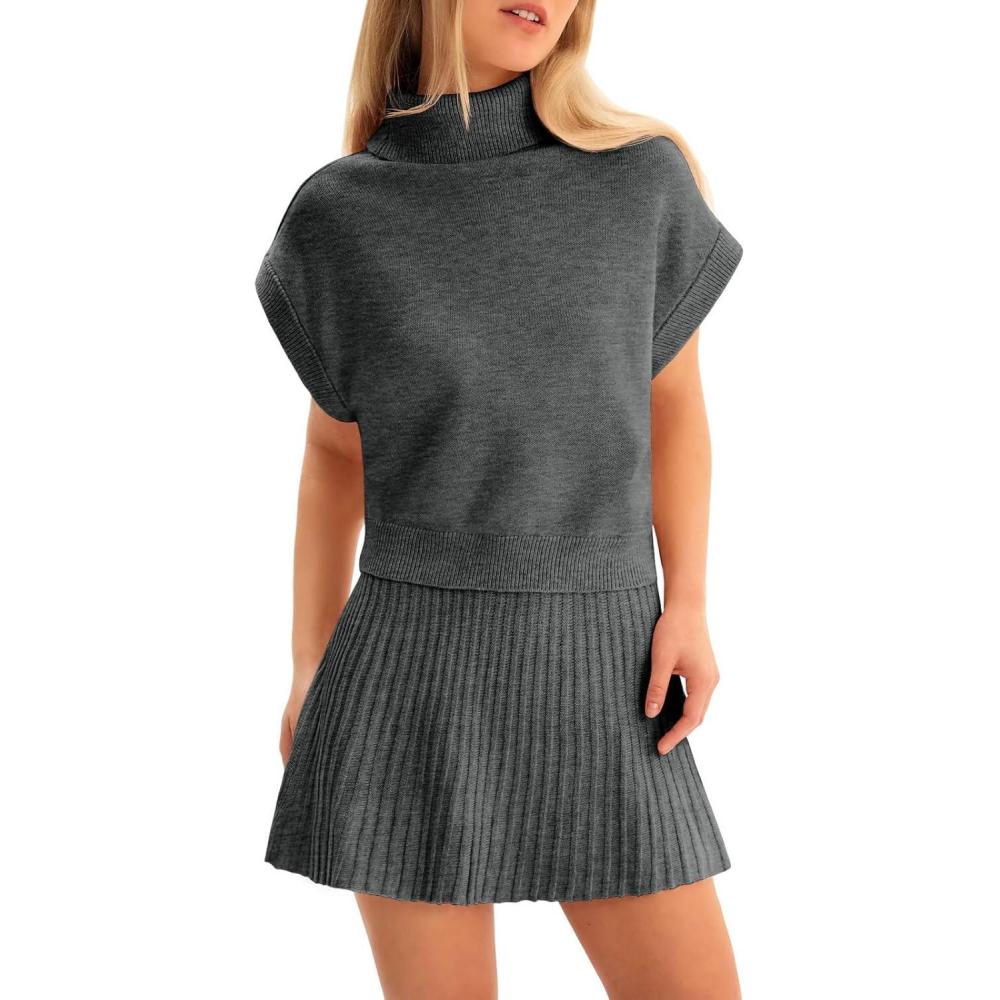 imageTankaneo Womens Skirt 2 Piece Sets Sweater Set 2025 Turtleneck Cap Sleeve Crop Top and Pleated Mini Skirt Travel OutfitsDark Grey