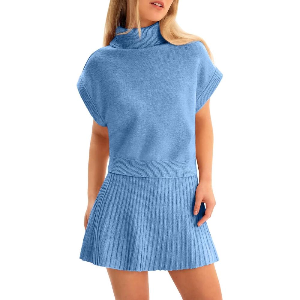imageTankaneo Womens Skirt 2 Piece Sets Sweater Set 2025 Turtleneck Cap Sleeve Crop Top and Pleated Mini Skirt Travel OutfitsSky Blue