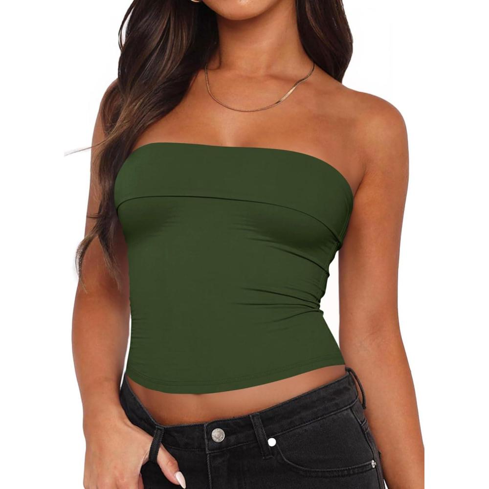 imageTankaneo Womens Strapless Tube Tops Cropped Y2K Going Out Fitted Tank Tops Summer Trendy Layered Bandeau ShirtsArmy Green