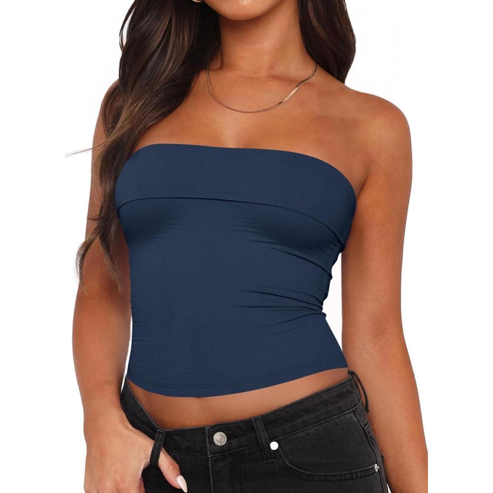 imageTankaneo Womens Strapless Tube Tops Cropped Y2K Going Out Fitted Tank Tops Summer Trendy Layered Bandeau ShirtsNavy