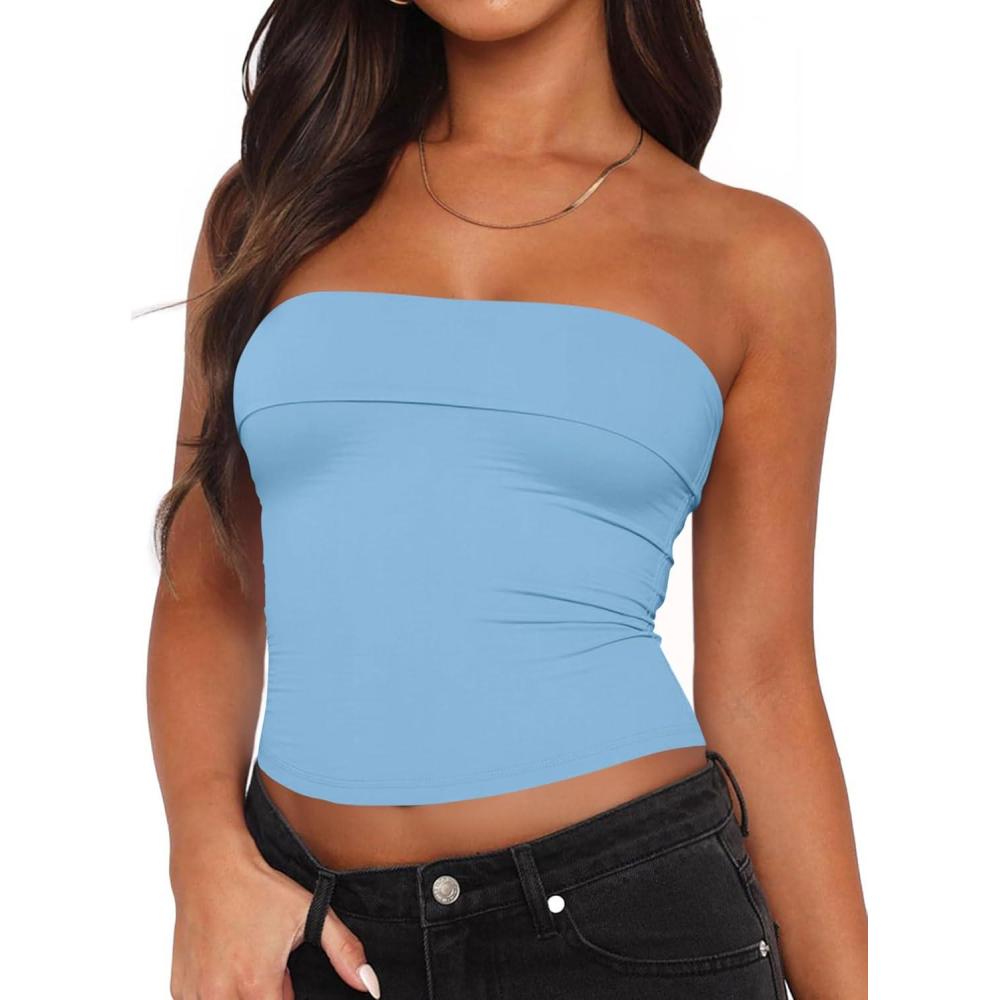 imageTankaneo Womens Strapless Tube Tops Cropped Y2K Going Out Fitted Tank Tops Summer Trendy Layered Bandeau ShirtsSky Blue