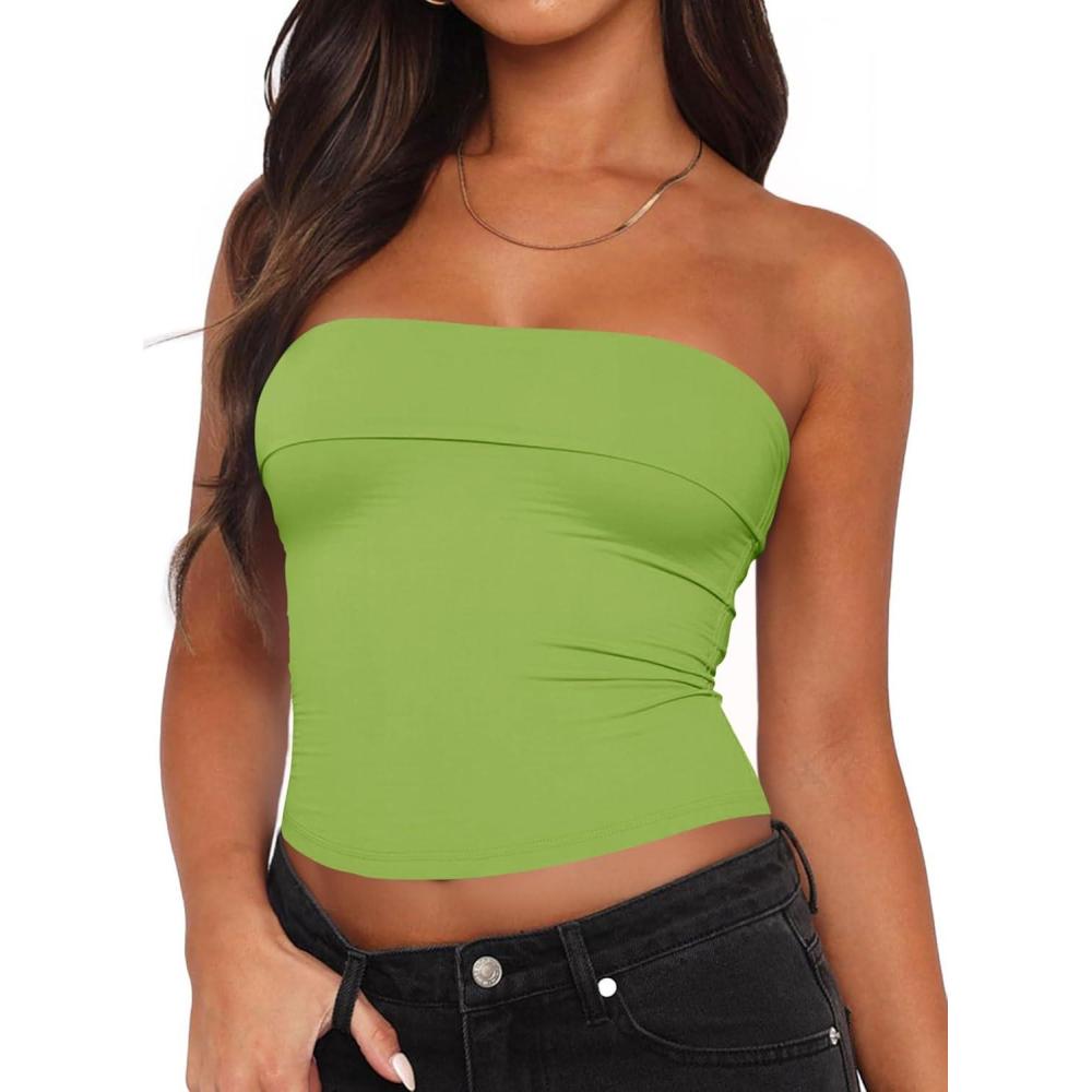 imageTankaneo Womens Strapless Tube Tops Cropped Y2K Going Out Fitted Tank Tops Summer Trendy Layered Bandeau ShirtsYellowgreen