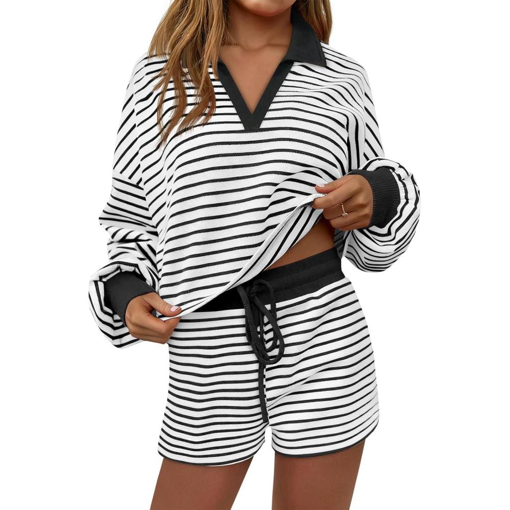 imageTankaneo Womens Striped 2 Piece Outfits Casual Sweatshirt short Set Long Sleeve Workout Set Matching Lounge SetsWhite