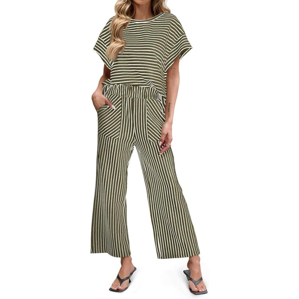 imageTankaneo Womens Striped 2 Piece Sets Short Sleeve T Shirts Wide Leg Pants Matching Lounge Set with PocketsArmy Green