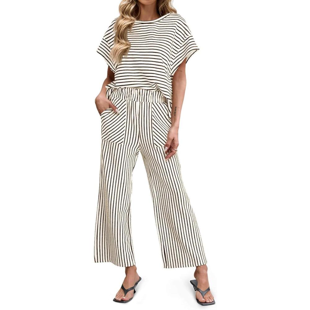 imageTankaneo Womens Striped 2 Piece Sets Short Sleeve T Shirts Wide Leg Pants Matching Lounge Set with PocketsBeige