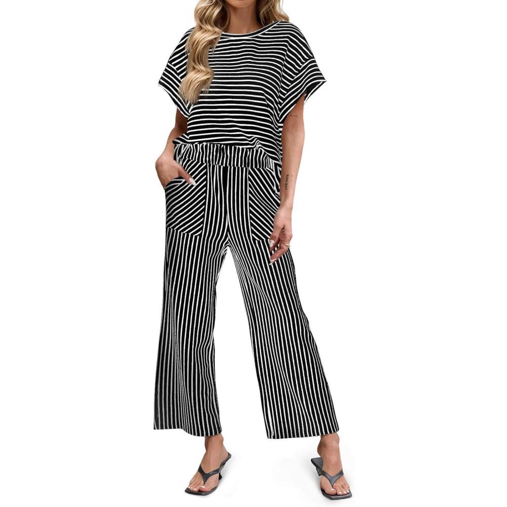 imageTankaneo Womens Striped 2 Piece Sets Short Sleeve T Shirts Wide Leg Pants Matching Lounge Set with PocketsBlack