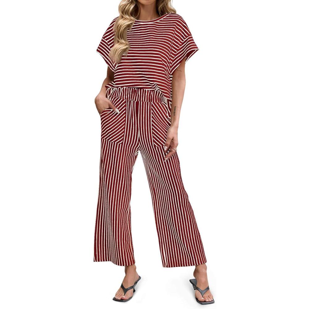 imageTankaneo Womens Striped 2 Piece Sets Short Sleeve T Shirts Wide Leg Pants Matching Lounge Set with PocketsBurgundy