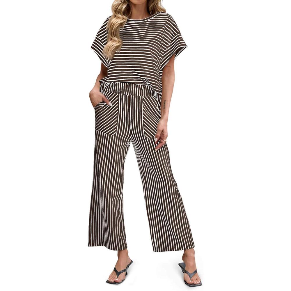 imageTankaneo Womens Striped 2 Piece Sets Short Sleeve T Shirts Wide Leg Pants Matching Lounge Set with PocketsCoffee