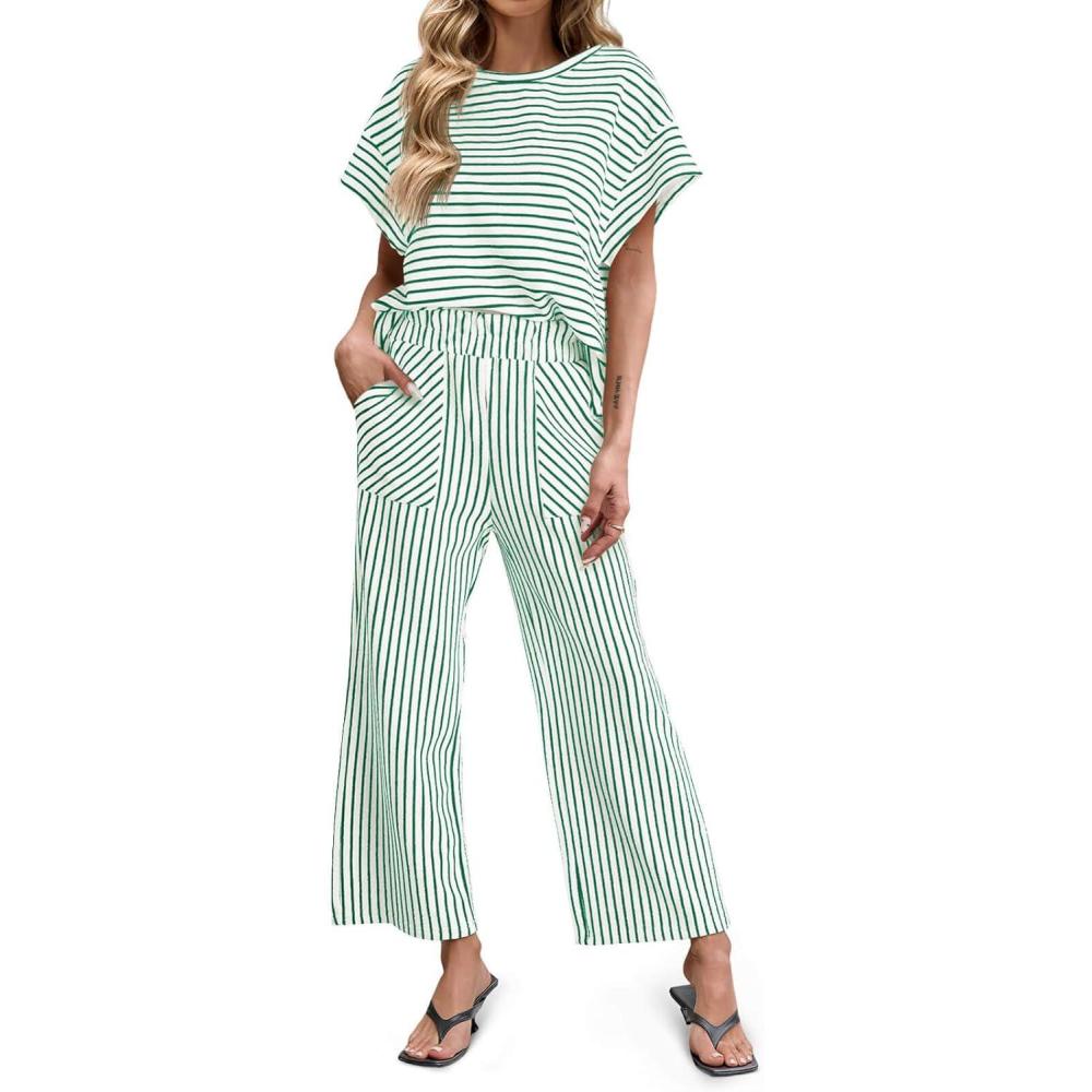 imageTankaneo Womens Striped 2 Piece Sets Short Sleeve T Shirts Wide Leg Pants Matching Lounge Set with PocketsGreen