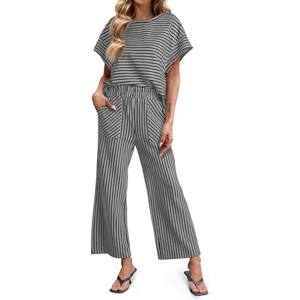 imageTankaneo Womens Striped 2 Piece Sets Short Sleeve T Shirts Wide Leg Pants Matching Lounge Set with PocketsLight Grey