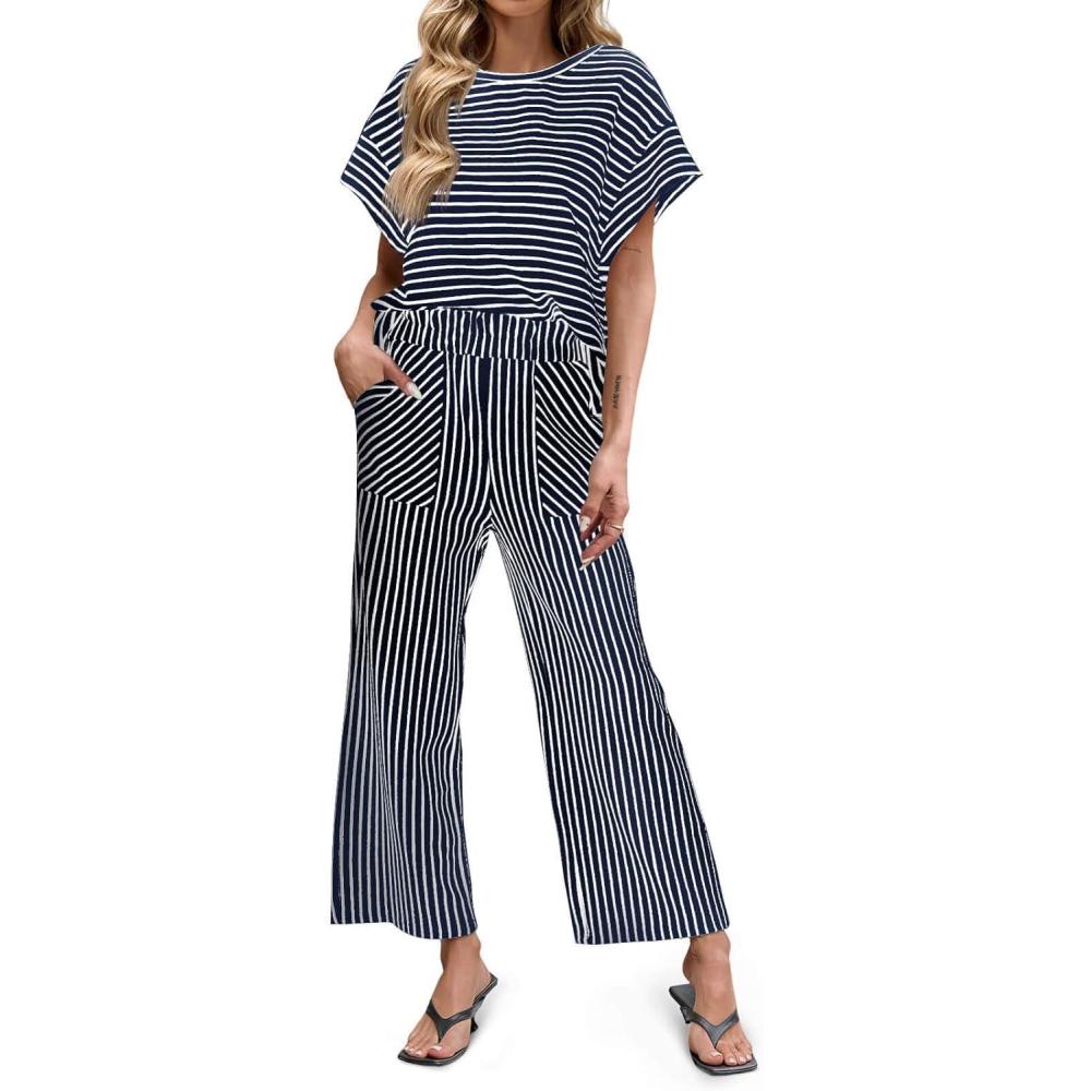 imageTankaneo Womens Striped 2 Piece Sets Short Sleeve T Shirts Wide Leg Pants Matching Lounge Set with PocketsNavy