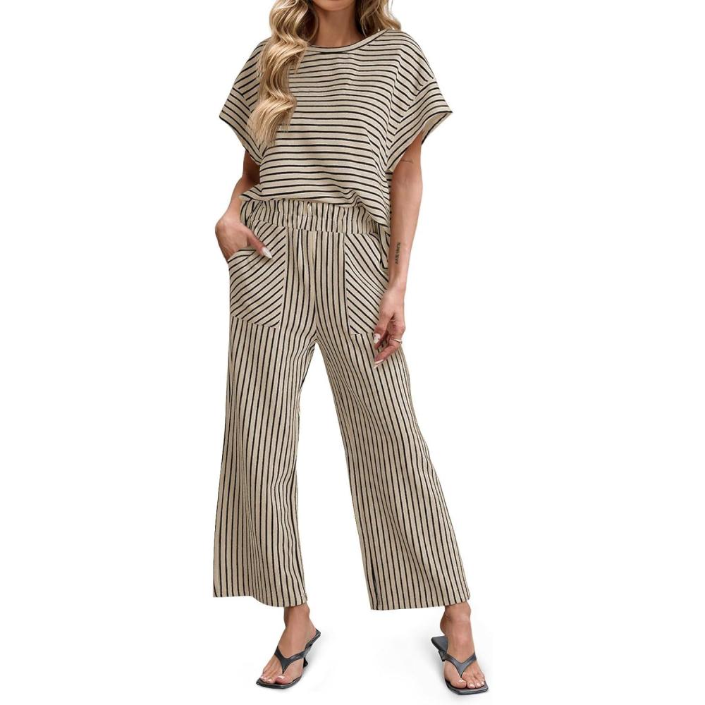 imageTankaneo Womens Striped 2 Piece Sets Short Sleeve T Shirts Wide Leg Pants Matching Lounge Set with PocketsPink