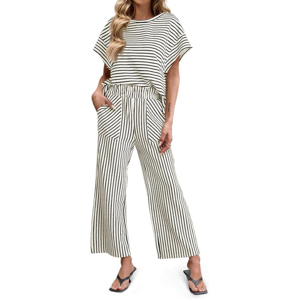 imageTankaneo Womens Striped 2 Piece Sets Short Sleeve T Shirts Wide Leg Pants Matching Lounge Set with PocketsWhite