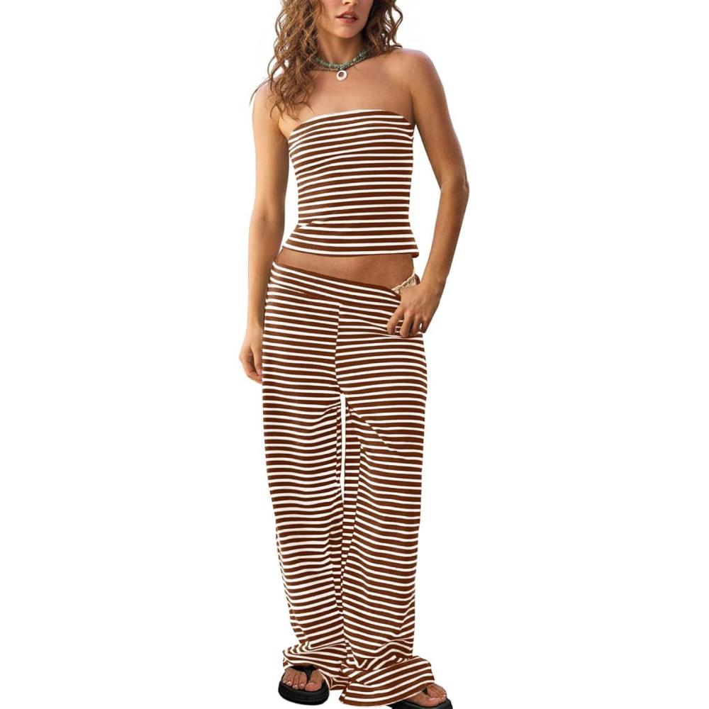 imageTankaneo Womens Striped 2 Piece Sets Summer Strapless Crop Tube Tops Wide Leg Pants Matching Lounge Set Vacation OutfitsBrown