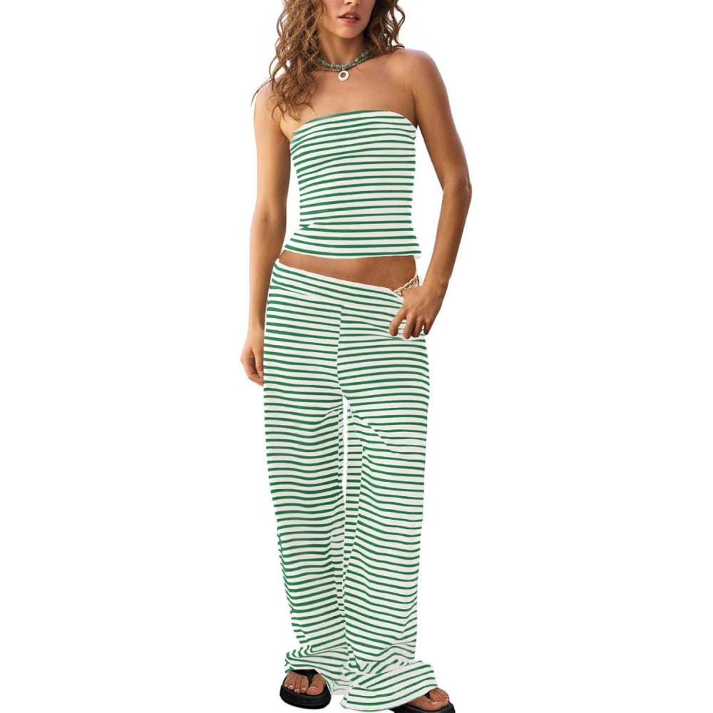 imageTankaneo Womens Striped 2 Piece Sets Summer Strapless Crop Tube Tops Wide Leg Pants Matching Lounge Set Vacation OutfitsGreen