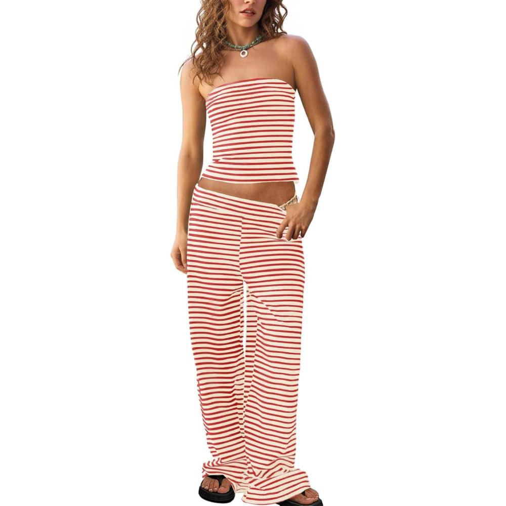 imageTankaneo Womens Striped 2 Piece Sets Summer Strapless Crop Tube Tops Wide Leg Pants Matching Lounge Set Vacation OutfitsOrange