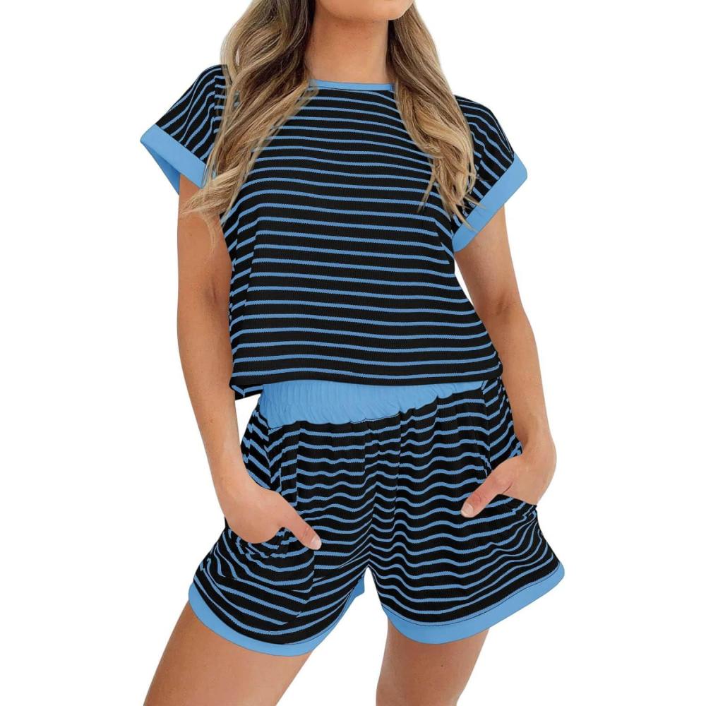 imageTankaneo Womens Summer 2 Piece Sets Striped Short Sleeve T Shirts and Shorts Loungewear Matching SetBlack Blue