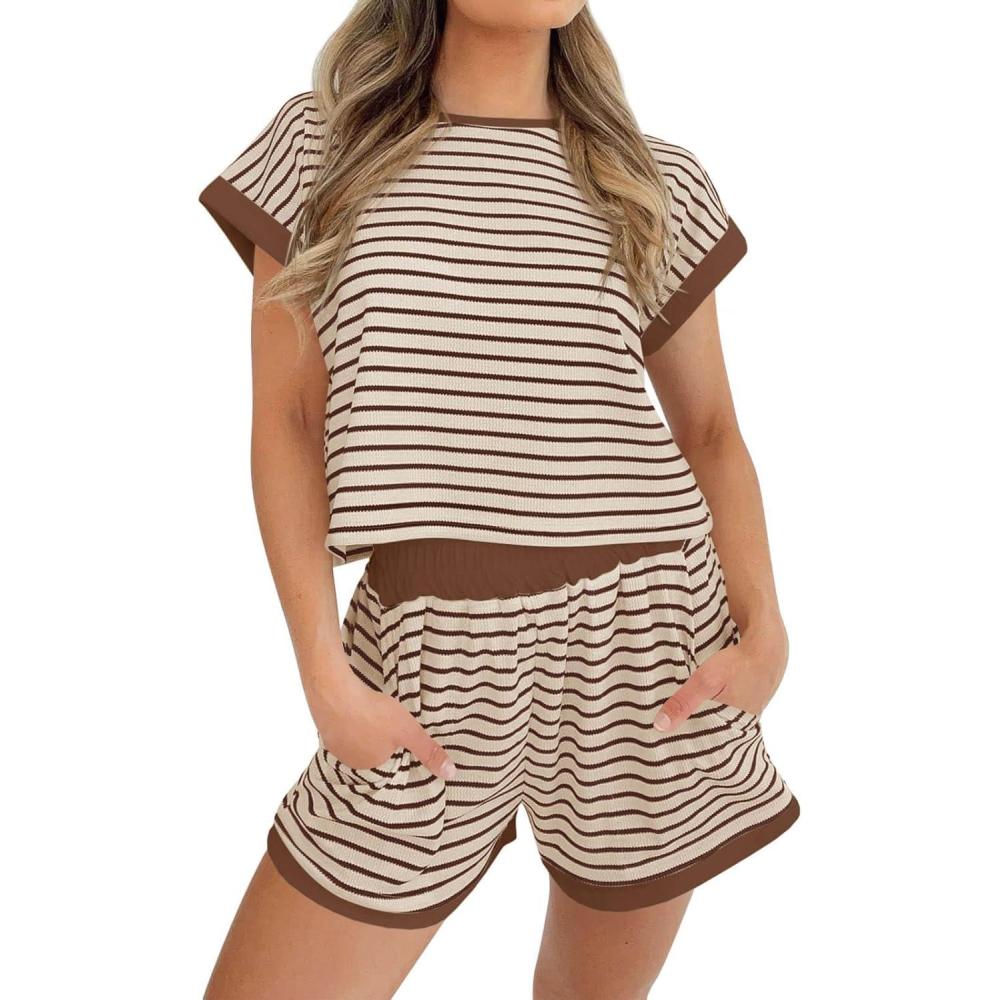 imageTankaneo Womens Summer 2 Piece Sets Striped Short Sleeve T Shirts and Shorts Loungewear Matching SetBrown
