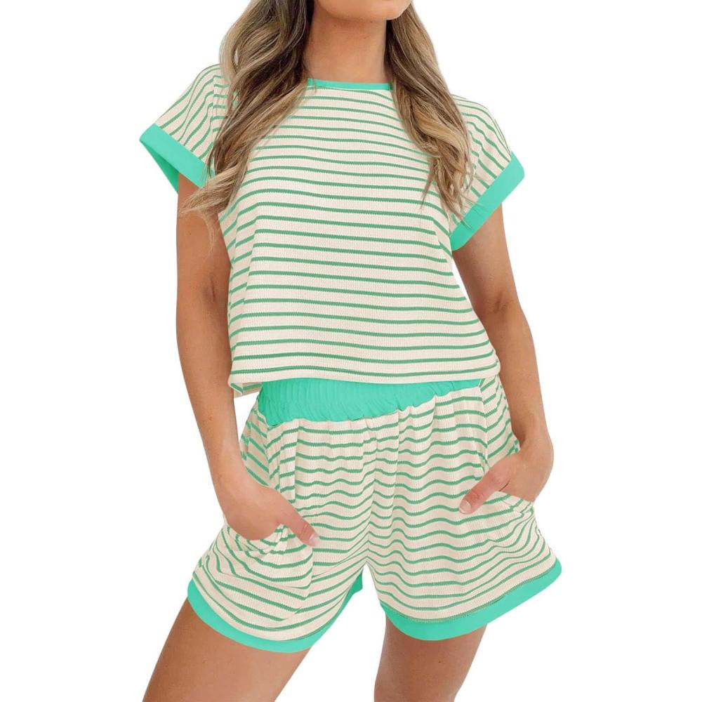 imageTankaneo Womens Summer 2 Piece Sets Striped Short Sleeve T Shirts and Shorts Loungewear Matching SetCyan