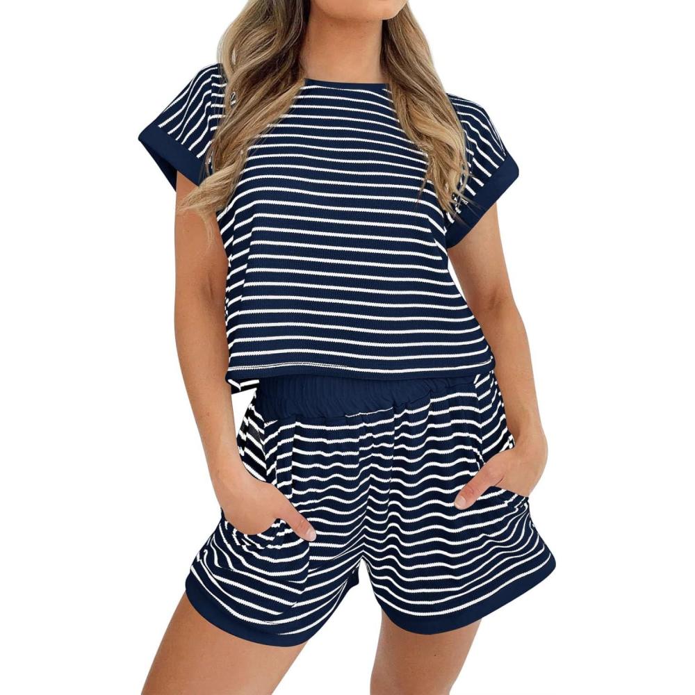 imageTankaneo Womens Summer 2 Piece Sets Striped Short Sleeve T Shirts and Shorts Loungewear Matching SetNavy