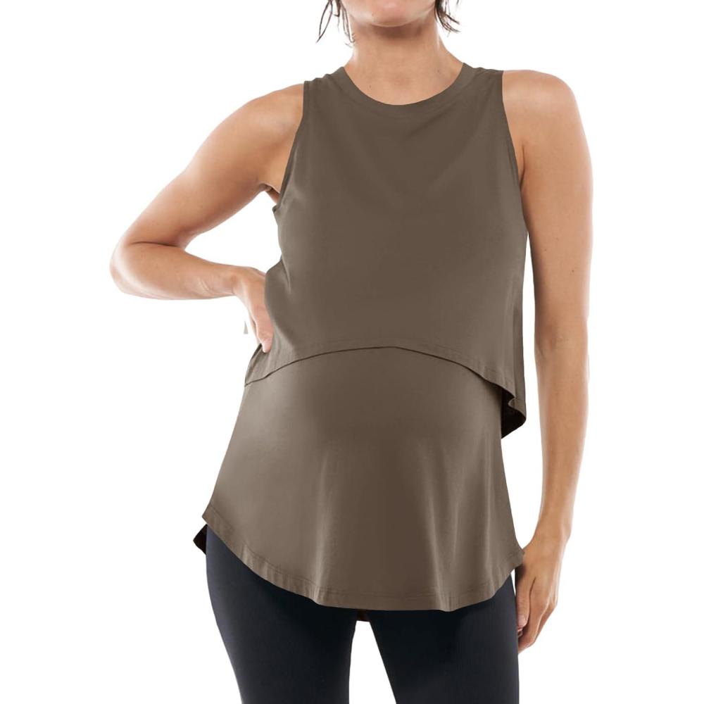 imageTankaneo Womens Summer Maternity Nursing Tank Tops Sleeveless Double Layer Breastfeeding Shirt Pregnancy ClothesBrown