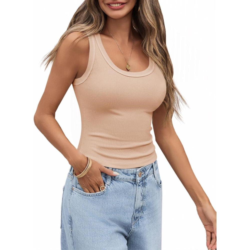 imageTankaneo Womens Summer Ribbed Tank Top Casual Ringer Scoop Neck Sleeveless Knit Fitted Tops Going Out Tee ShirtsApricot