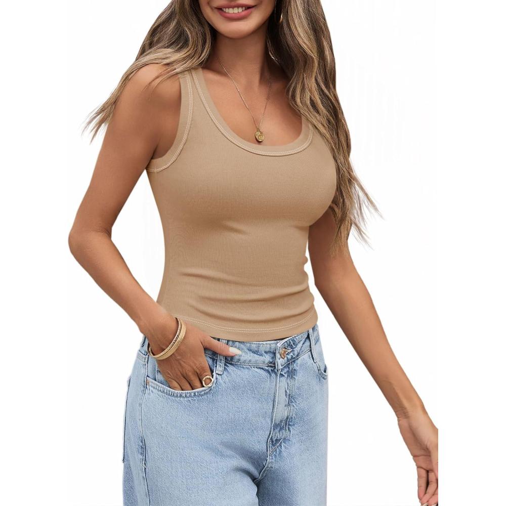 imageTankaneo Womens Summer Ribbed Tank Top Casual Ringer Scoop Neck Sleeveless Knit Fitted Tops Going Out Tee ShirtsApricot Yellow