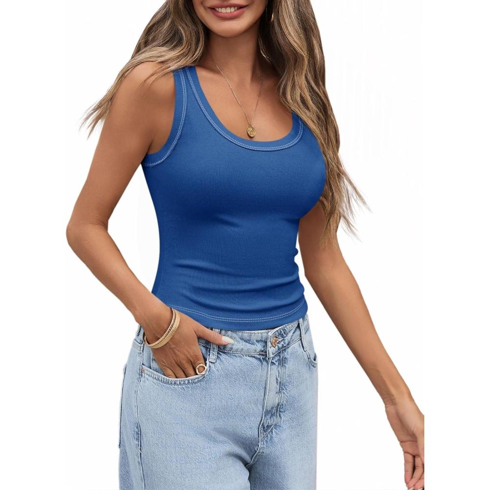 imageTankaneo Womens Summer Ribbed Tank Top Casual Ringer Scoop Neck Sleeveless Knit Fitted Tops Going Out Tee ShirtsBlue