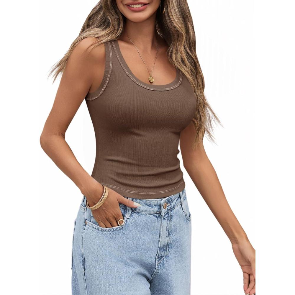 imageTankaneo Womens Summer Ribbed Tank Top Casual Ringer Scoop Neck Sleeveless Knit Fitted Tops Going Out Tee ShirtsDark Brown