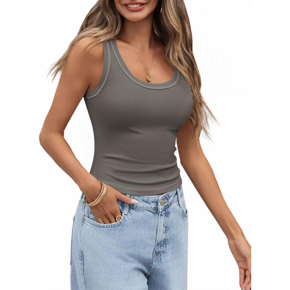 imageTankaneo Womens Summer Ribbed Tank Top Casual Ringer Scoop Neck Sleeveless Knit Fitted Tops Going Out Tee ShirtsGrey