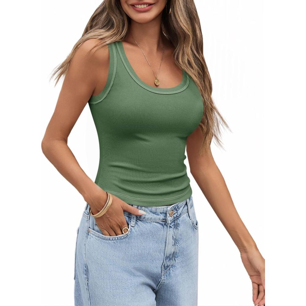 imageTankaneo Womens Summer Ribbed Tank Top Casual Ringer Scoop Neck Sleeveless Knit Fitted Tops Going Out Tee ShirtsOlive Green