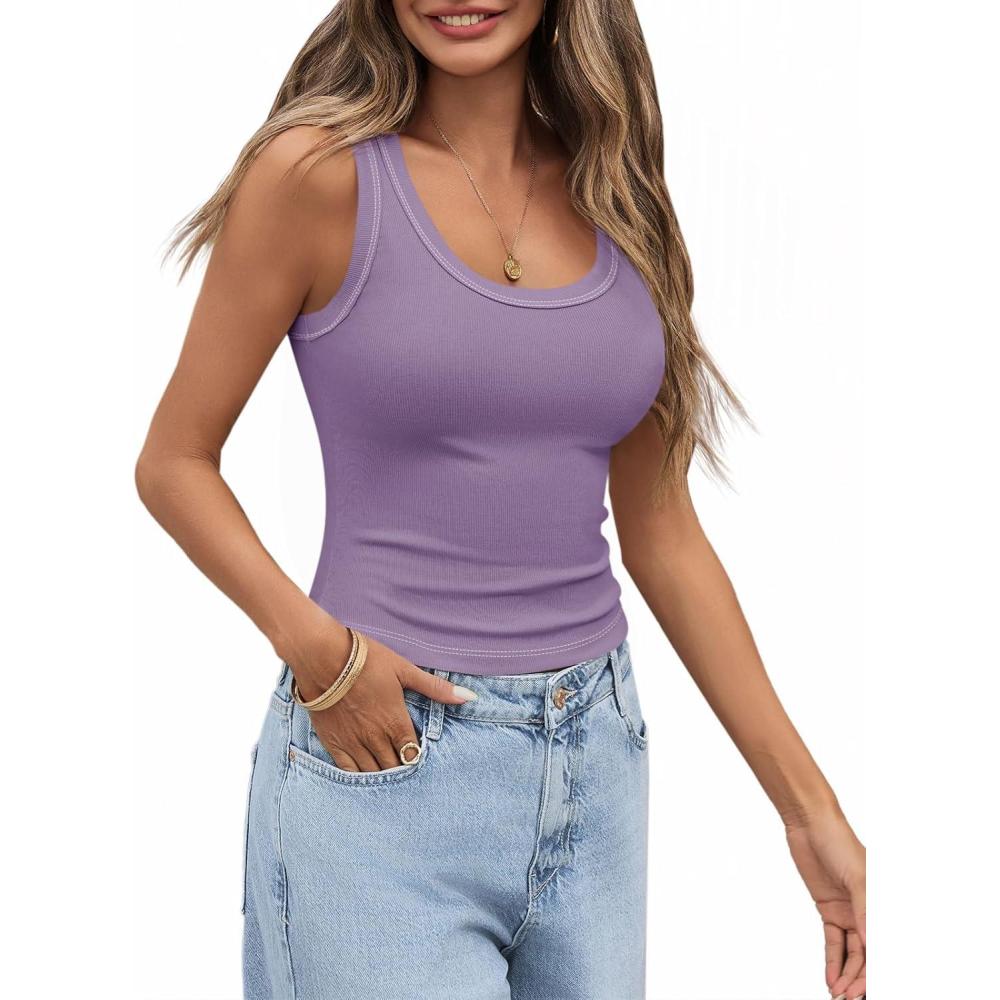 imageTankaneo Womens Summer Ribbed Tank Top Casual Ringer Scoop Neck Sleeveless Knit Fitted Tops Going Out Tee ShirtsPurple